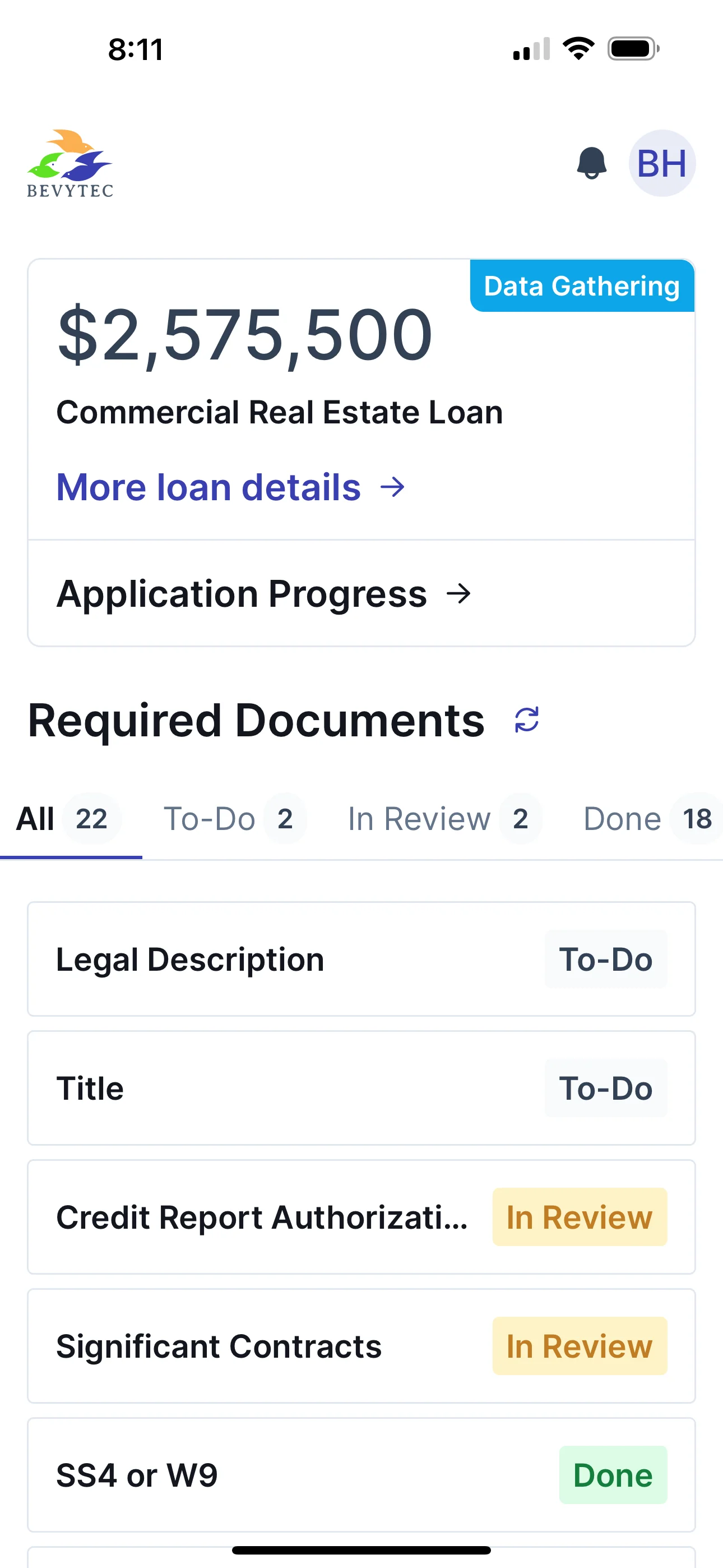 Mobile portal screen showing borrower dashboard